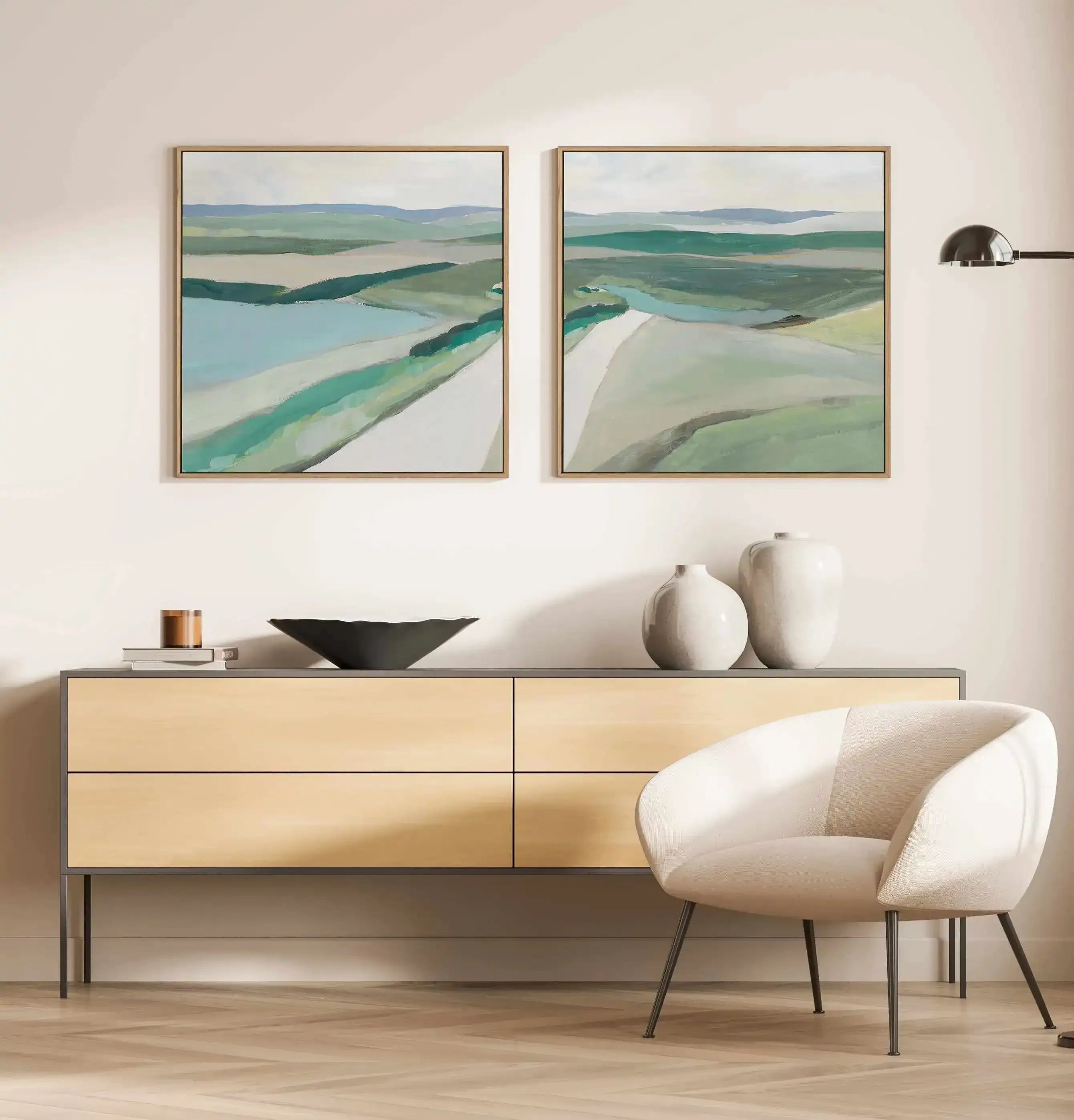 Fields of Green framed canvas wall art styled in a modern Australian living room