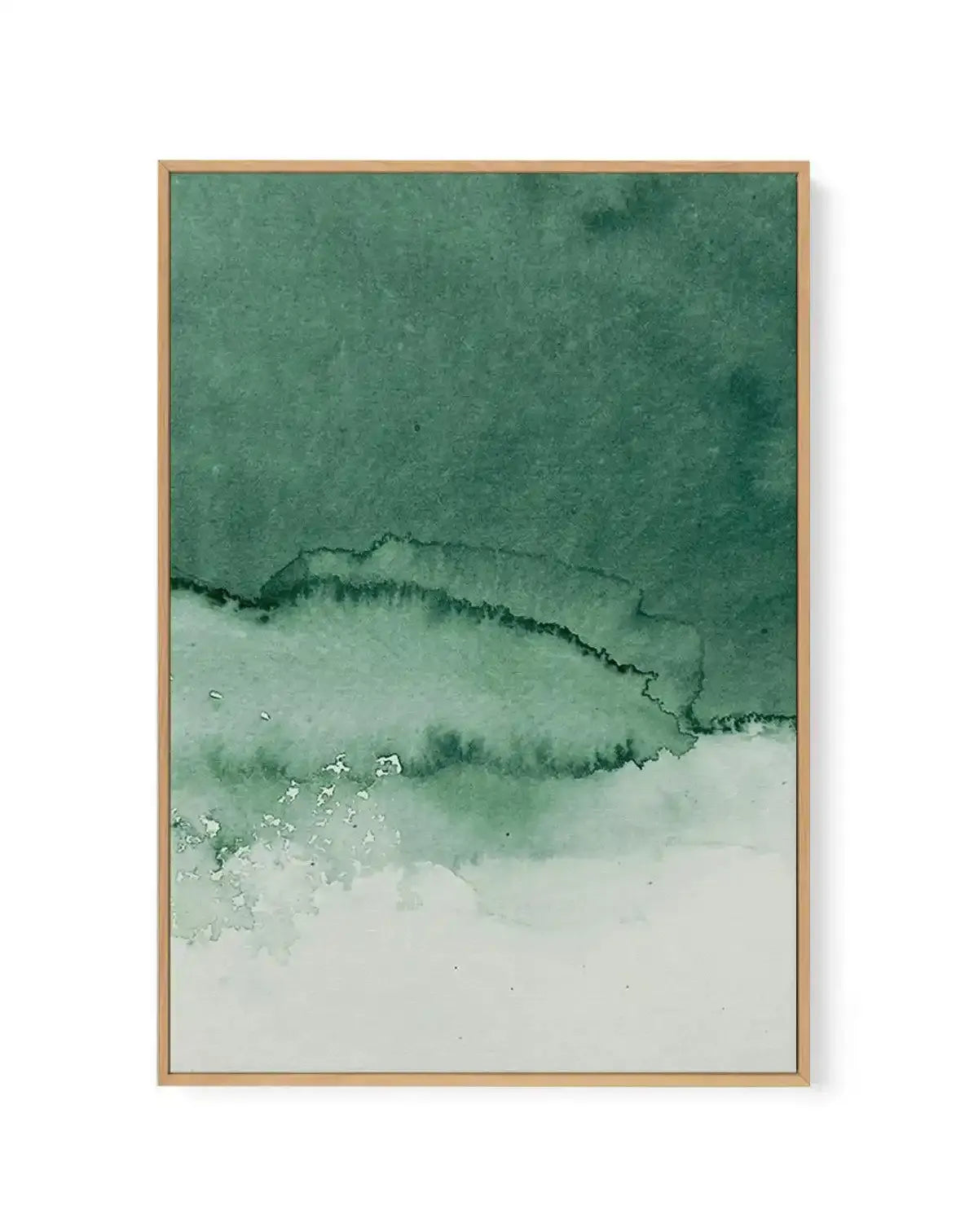 Abstract watercolour painting displayed in a natural wood frame featuring horizontal bands of colour transitioning from deep forest green at the top through sage and seafoam green in the middle to cream and off-white at the bottom, with organic flowing edges and soft pigment dispersal characteristic of wet watercolour technique.