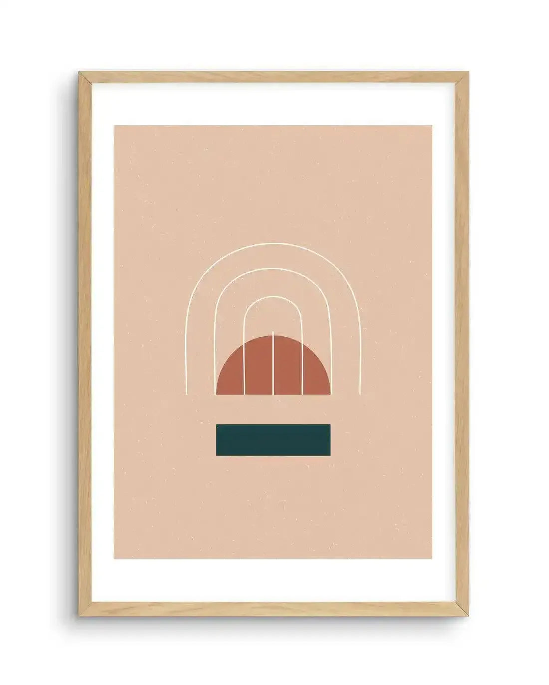 Abstract art print featuring a terracotta-coloured half-circle with vertical lines, framed by three concentric white arched lines, all set against a dusty rose background, with a dark teal rectangle below the half-circle. Printed on fine art paper and displayed in a natural oak frame with white border.