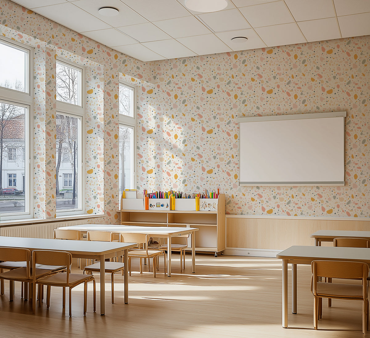 Abstract Kids Dots in Yellow & White Commercial Vinyl Wallpaper from Olive et Oriel where you can shop wallpaper and artworks online