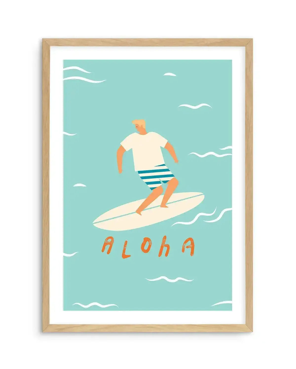 Art print featuring a stylized illustration of a surfer on a surfboard against a light blue background, with the word "ALOHA" in orange text below. The surfer wears a white t-shirt and blue and white striped board shorts. The illustration has a flat, graphic style with minimal detail and small white wavy lines representing water. The print is displayed in a natural oak frame with a white border.