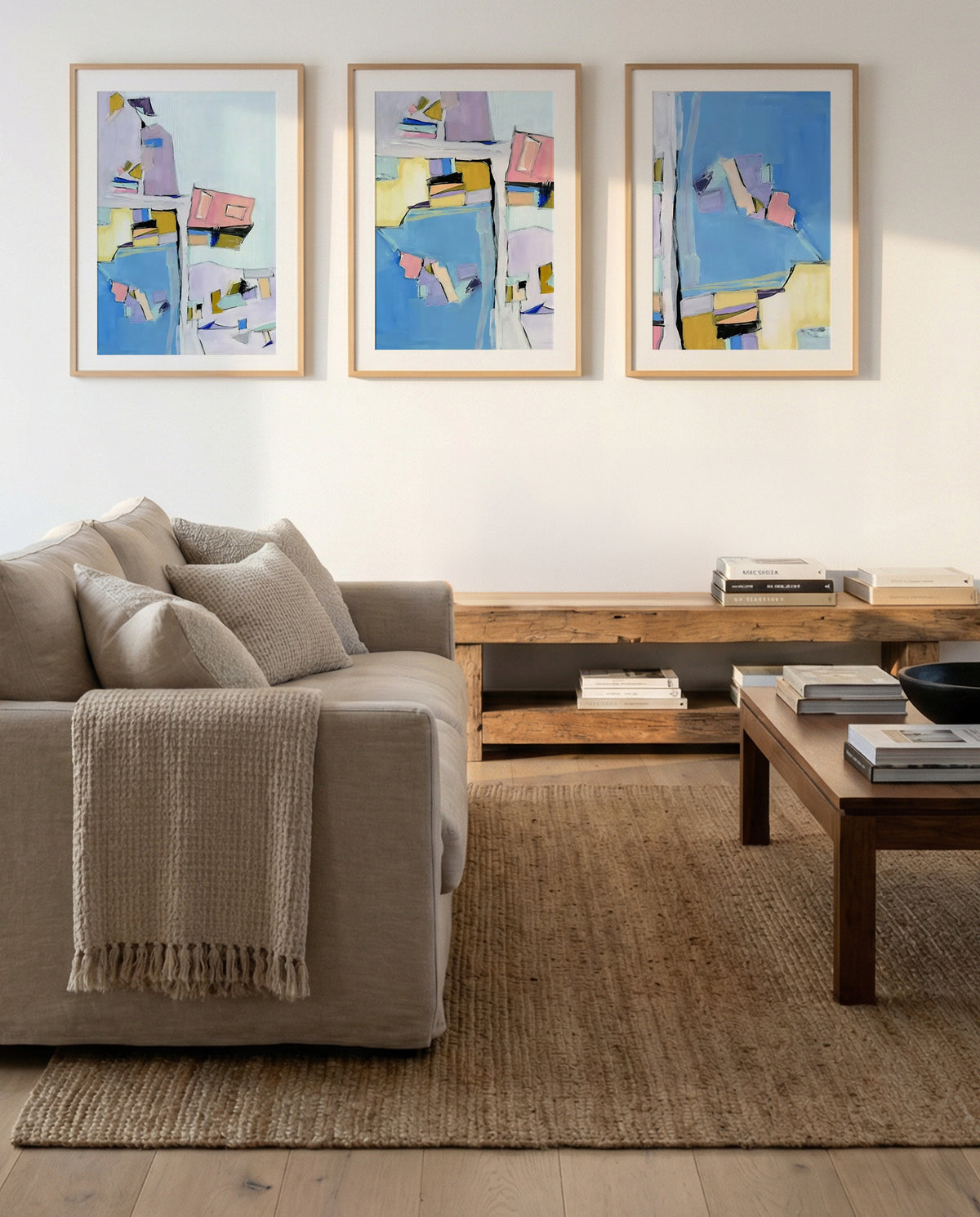 Birds Eye View I, II & III | 3 Piece Wall Art Set in Blue abstract art print oak frame with white border