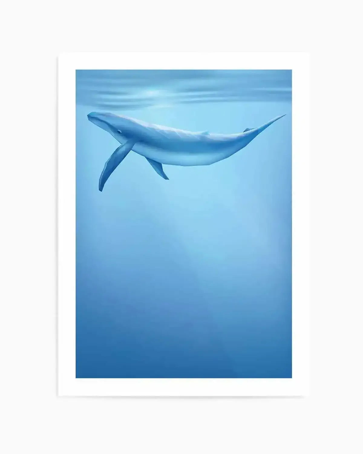 Art Print:
Illustration art print featuring a blue whale swimming gracefully in deep blue ocean water. The whale is depicted in shades of light blue and grey, with subtle highlights suggesting light filtering from the surface. The water is a gradient of deep blue at the bottom to lighter blue near the surface, where faint ripples and sunbeams are visible. The overall mood is serene and majestic.