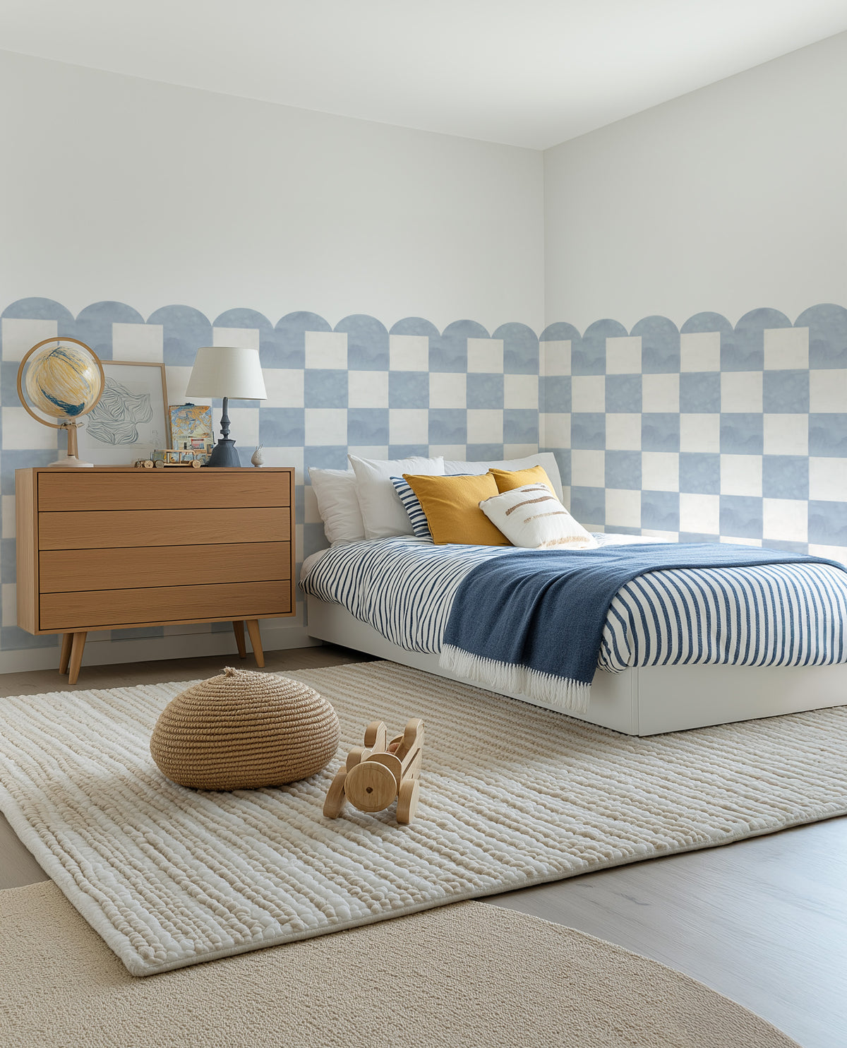 Blue Checks Scallop Half Wall Decal Panel from Olive et Oriel where you can shop wallpaper and artworks online