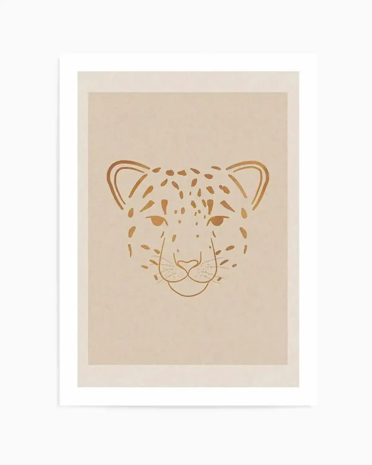Boho art print featuring a minimalist line art illustration of a leopard's face in a warm golden brown hue on a light beige background, with a white frame and white border. The leopard's spots are depicted as small, irregular dots, and its facial features are outlined with simple, elegant lines, creating a serene and modern aesthetic.