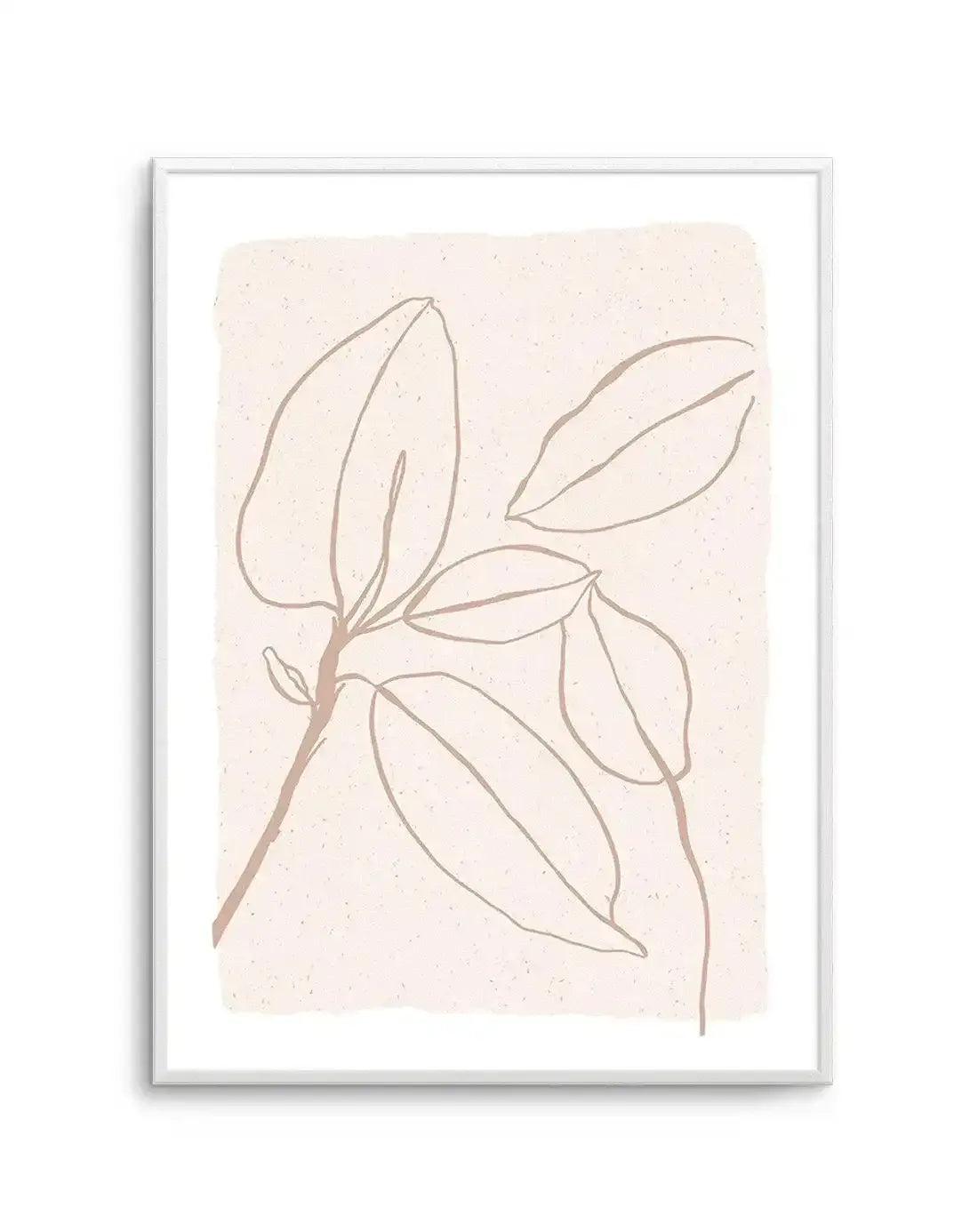 Botanical art print featuring a minimalist line drawing of a leafy plant with a single stem and several large, elongated leaves in a warm beige-brown hue, set against a textured, light peach-cream background with subtle speckles, displayed in a white frame with a white border.