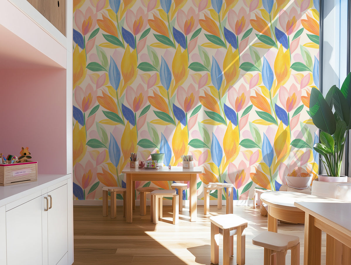 Crayon Florals in Blue & Orange Commercial Vinyl Wallpaper from Olive et Oriel where you can shop wallpaper and artworks online