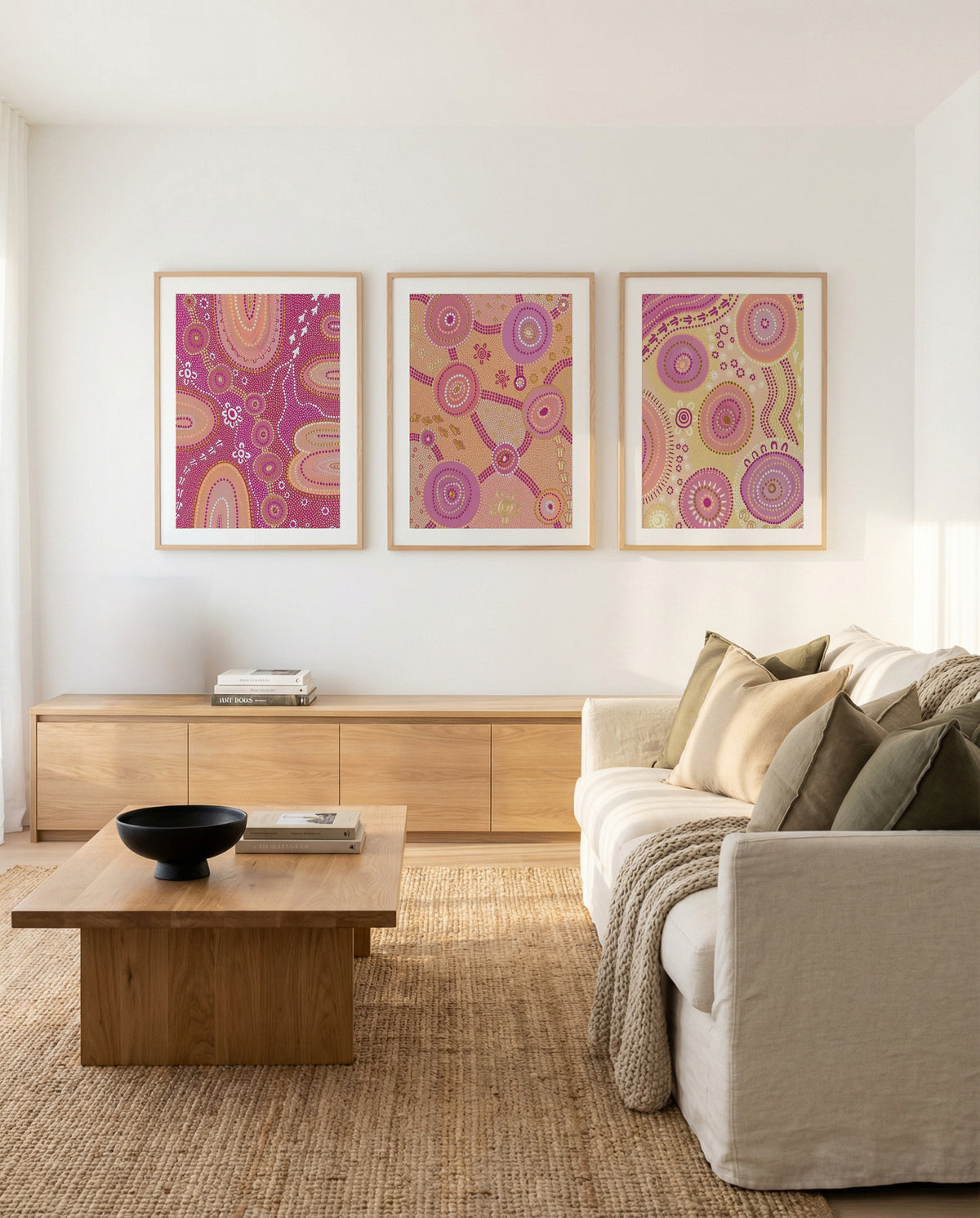 Dancing on Country I, II & III by Domica Hill | 3 Piece Wall Art Set in Pink and Purple abstract art print oak frame with ...