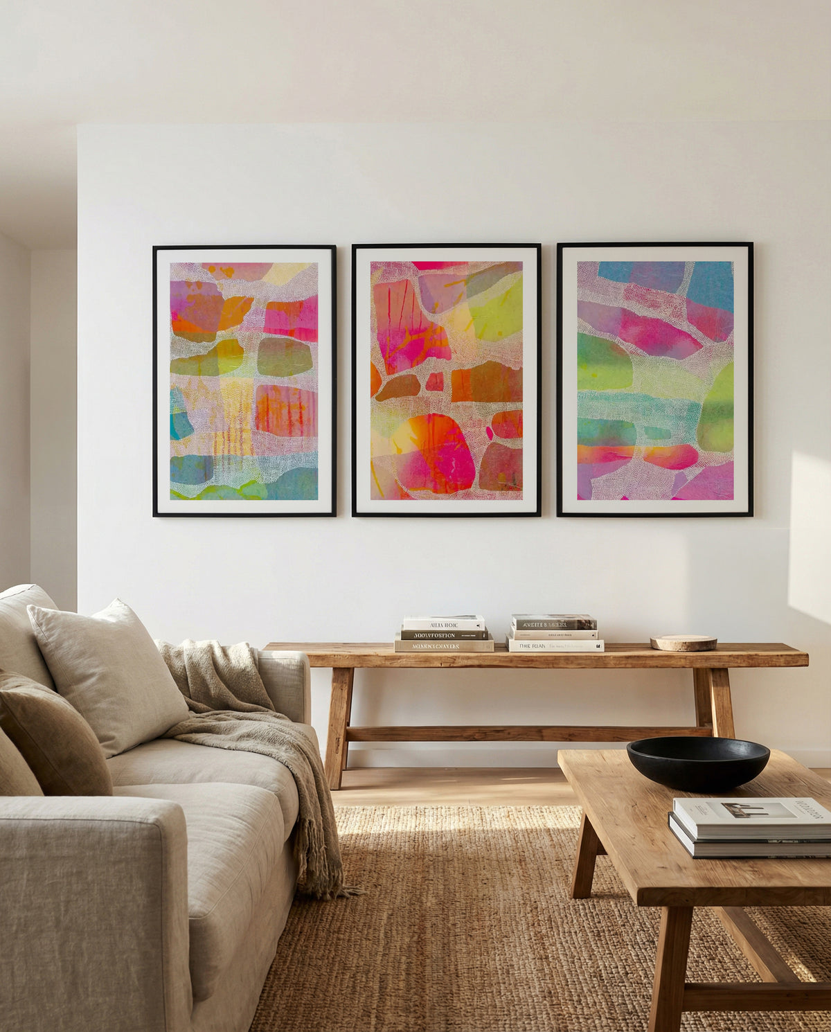 Dawn I, II & III by Laura Oczós | 3 Piece Wall Art Set in Bright & Vibrant abstract art print oak frame with white border