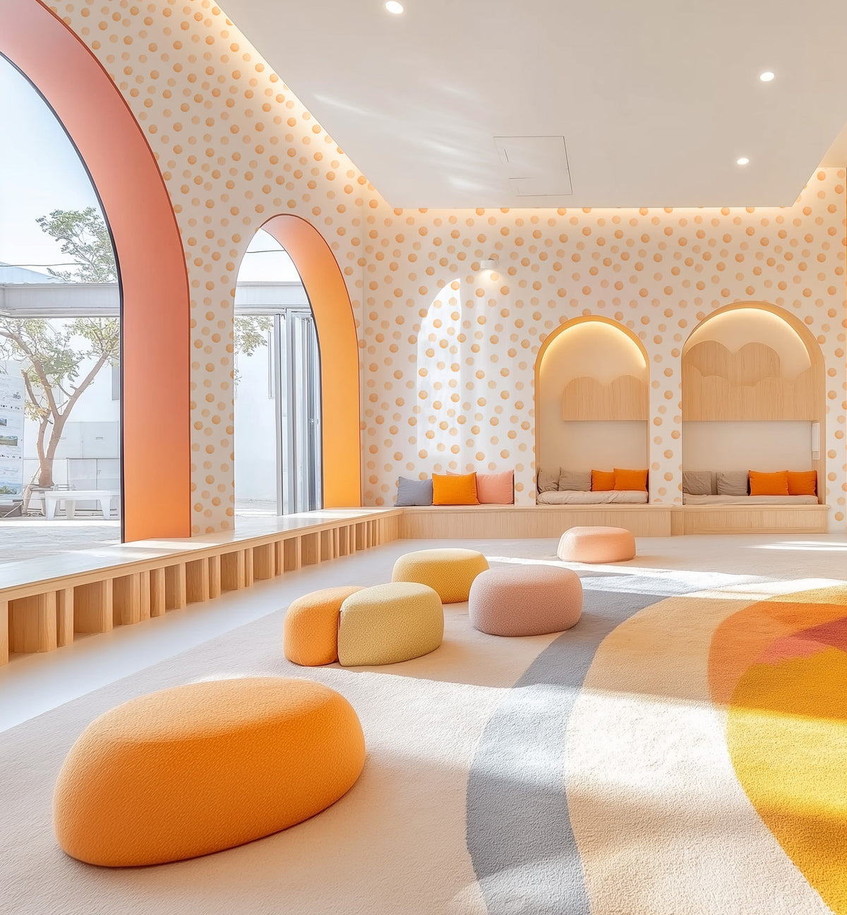 Dots in Orange Commercial Vinyl Wallpaper from Olive et Oriel where you can shop wallpaper and artworks online
