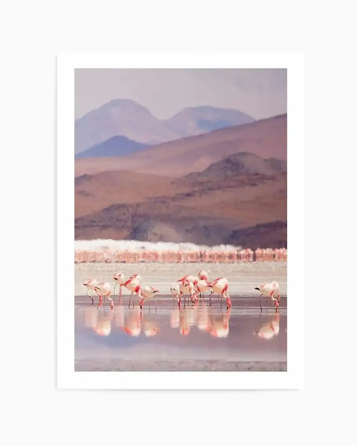 Art print featuring a serene landscape with a flock of flamingos wading in a shallow lake, set against a backdrop of layered mountains under a soft, muted sky. The flamingos display shades of pale pink and white, with their reflections visible in the still water. The mountains in the distance are rendered in soft purples, browns, and dusty rose hues, suggesting a hazy, distant atmosphere. The overall impression is a tranquil, painterly scene with a gentle colour palette.