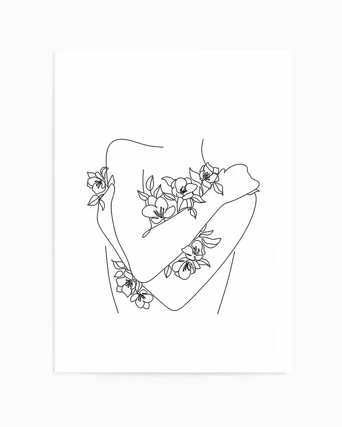 Line art print featuring a minimalist illustration of a woman's torso and arms embracing herself, adorned with delicate floral branches. The artwork uses continuous black lines on a clean white background, creating a serene and contemplative mood. The flowers have simple petals and leaves, adding a touch of organic beauty to the self-embrace.
