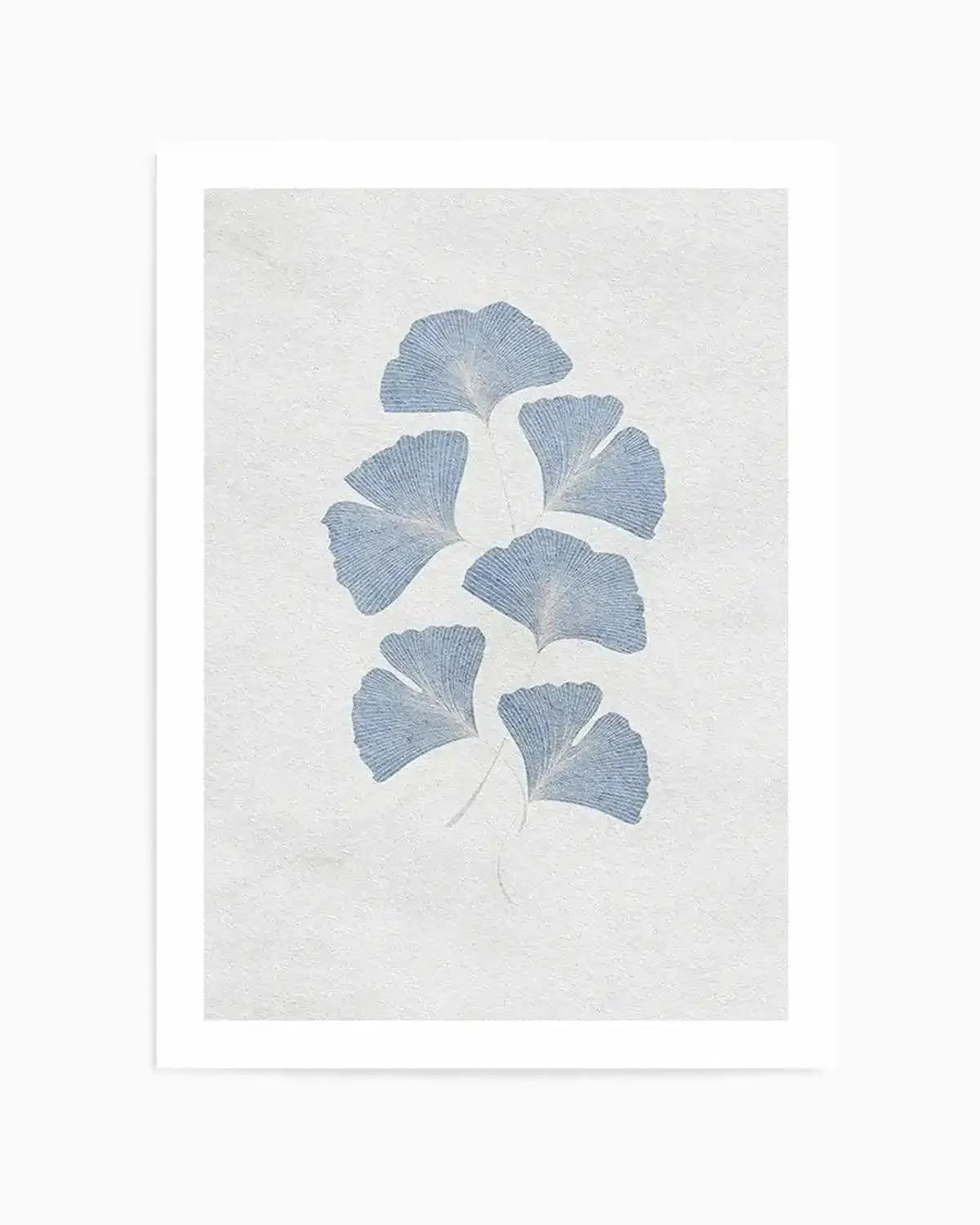 Art print featuring a vertical arrangement of seven ginkgo leaves in a soft, muted blue against a textured, off-white background. The leaves have a fan-like shape with delicate vein details, giving them a subtle, hand-drawn quality.