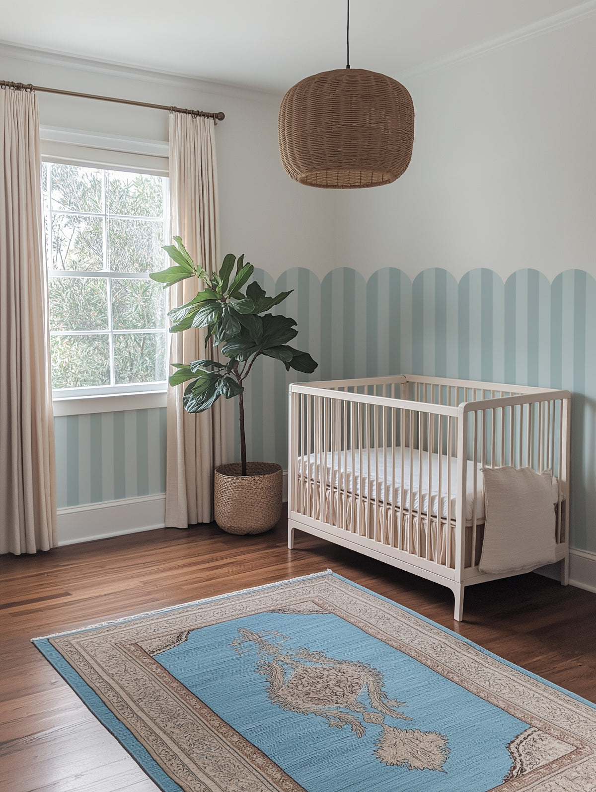 Blue & Cream Vintage Stripe Scallop Half Wall Decal Panel from Olive et Oriel where you can shop wallpaper and artworks online