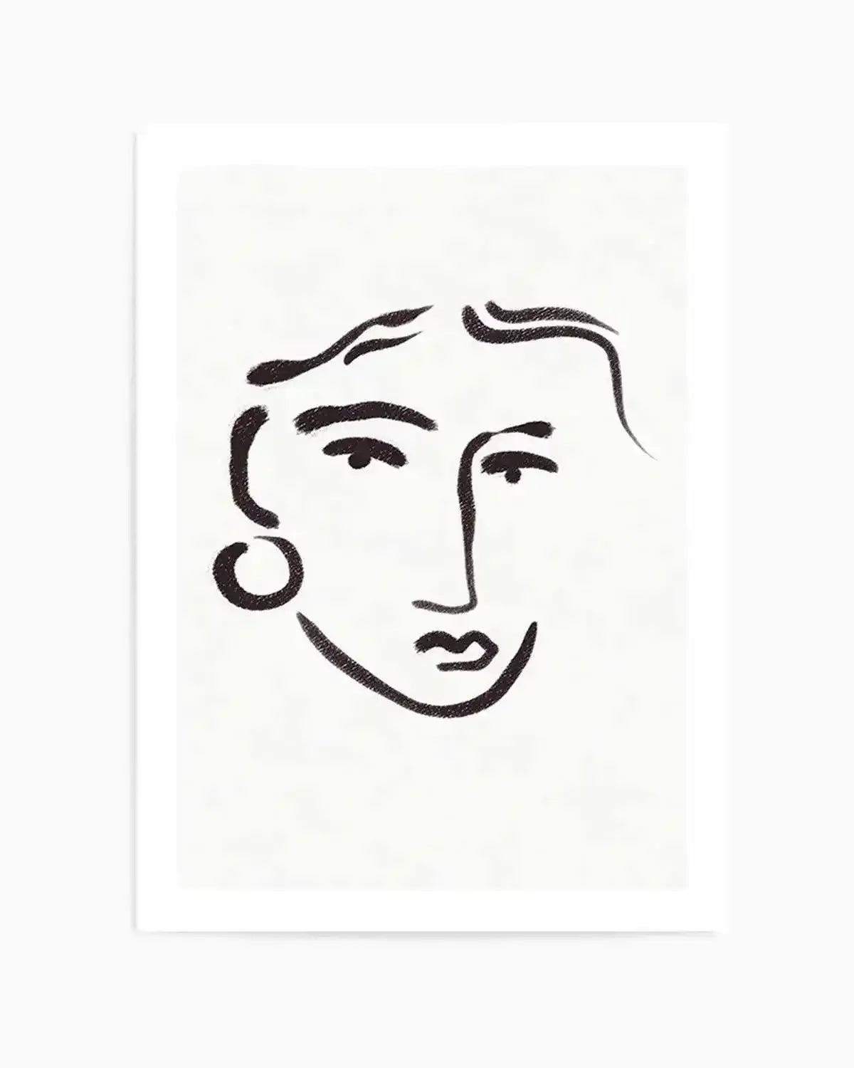 Art print featuring a minimalist line drawing of a face in black on a white background. The drawing uses thick, textured lines to depict hair, eyebrows, eyes, a nose, lips, and an ear with a hoop earring on the left side, creating an abstract and expressive portrait.