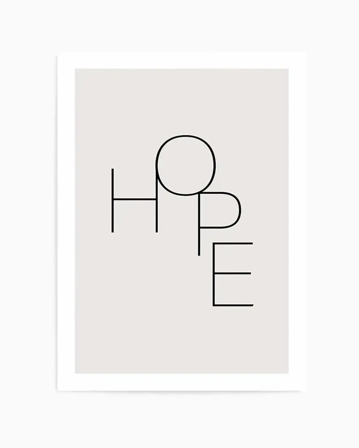 Art print featuring the word "HOPE" in a minimalist, thin black line art style on a light grey background, with the letters "H" and "P" sharing a vertical line, and the "O" and "E" formed by simple geometric shapes.