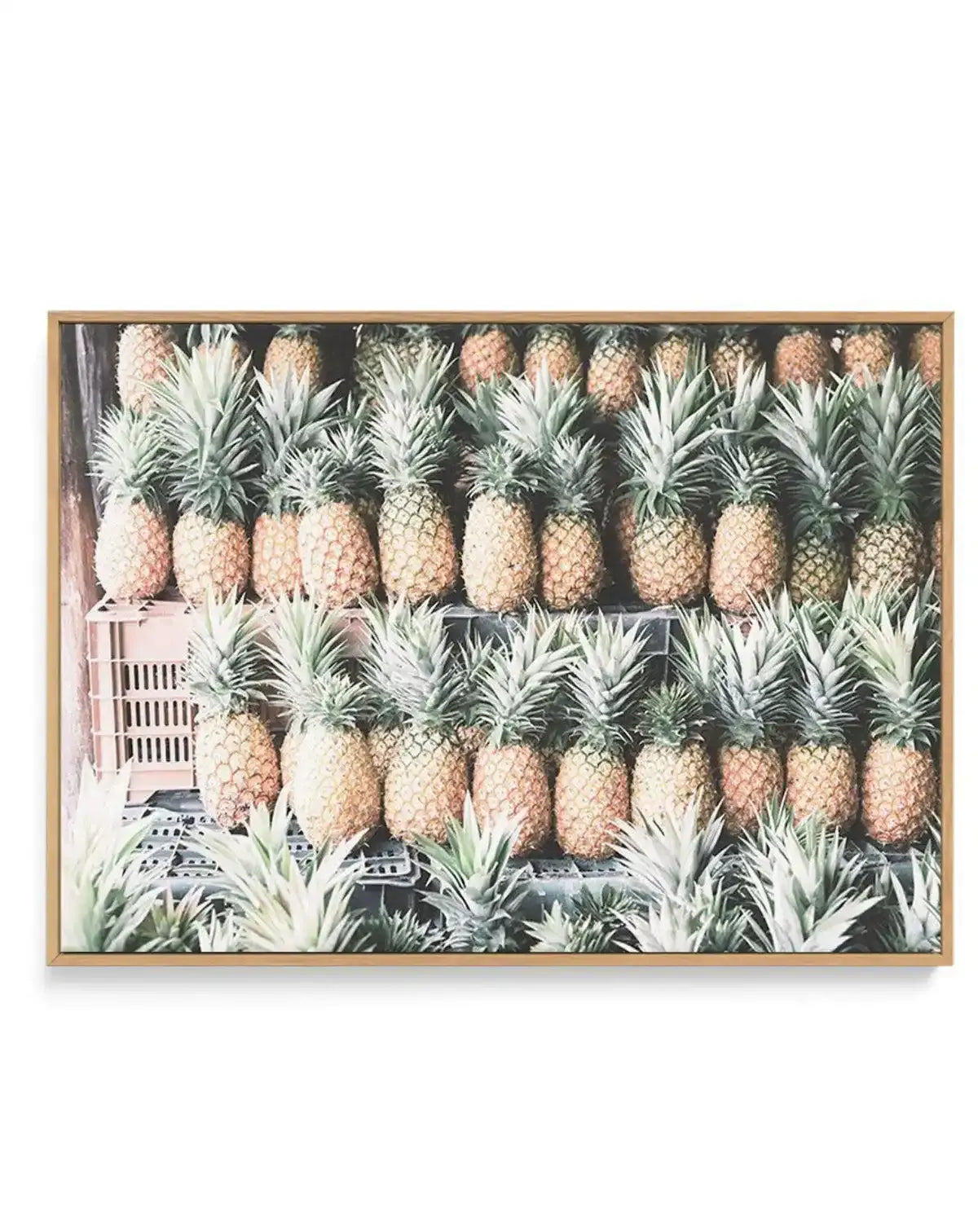 Framed canvas art print featuring rows of fresh pineapples with green leafy crowns arranged on wooden crates in a market or farm setting. The composition displays approximately twenty pineapples in two rows, their golden-tan textured bodies contrasting with pale green foliage. A pink plastic crate is visible on the left side. The photograph has warm, natural lighting that highlights the fruit's geometric diamond-patterned skin. The canvas is mounted in a natural wood frame with a white border.