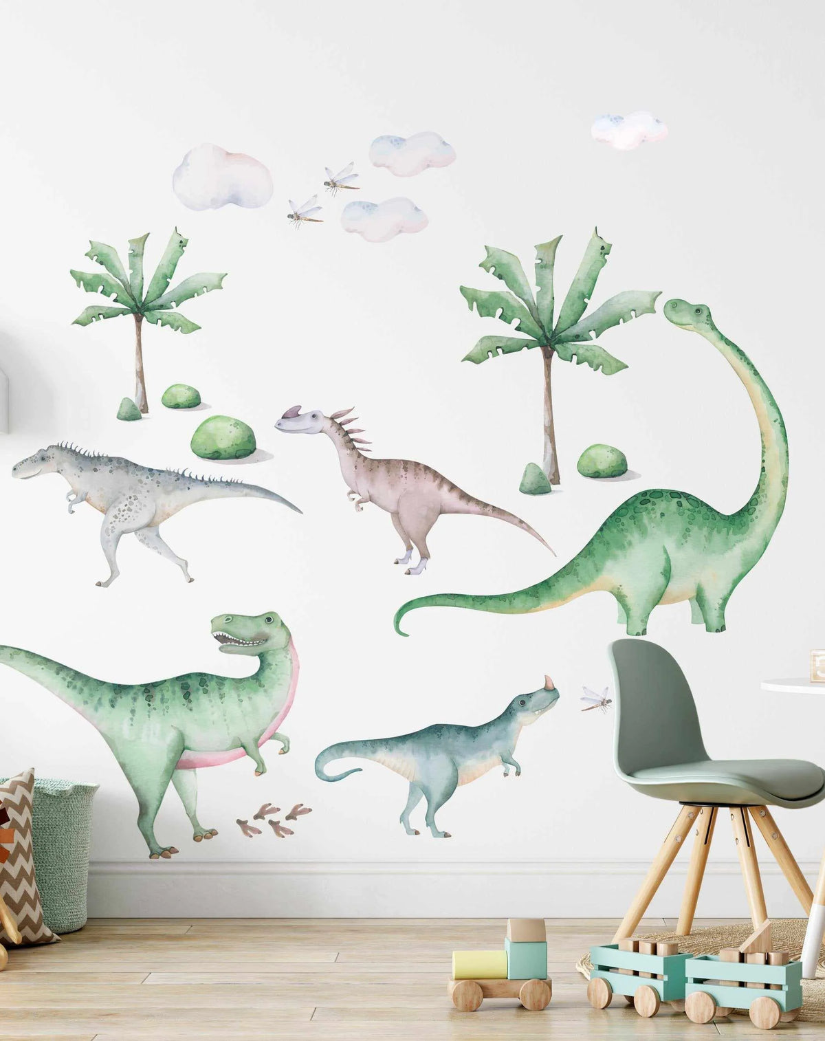Jurassic Lands dino wall decals — watercolour T-Rex, Brachiosaurus and others in green and teal, kids playroom