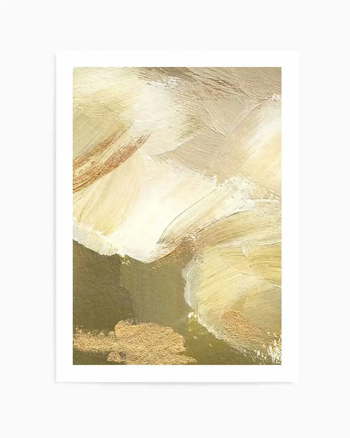 Khaki Luxe II Art Print featuring abstract brushstrokes in warm earth tones including cream, khaki, tan, and muted olive green. The composition shows layered, gestural paint strokes creating dynamic movement across the canvas, with textured brushwork visible throughout. The artwork is mounted on white paper with a white border and displayed in a simple white frame.