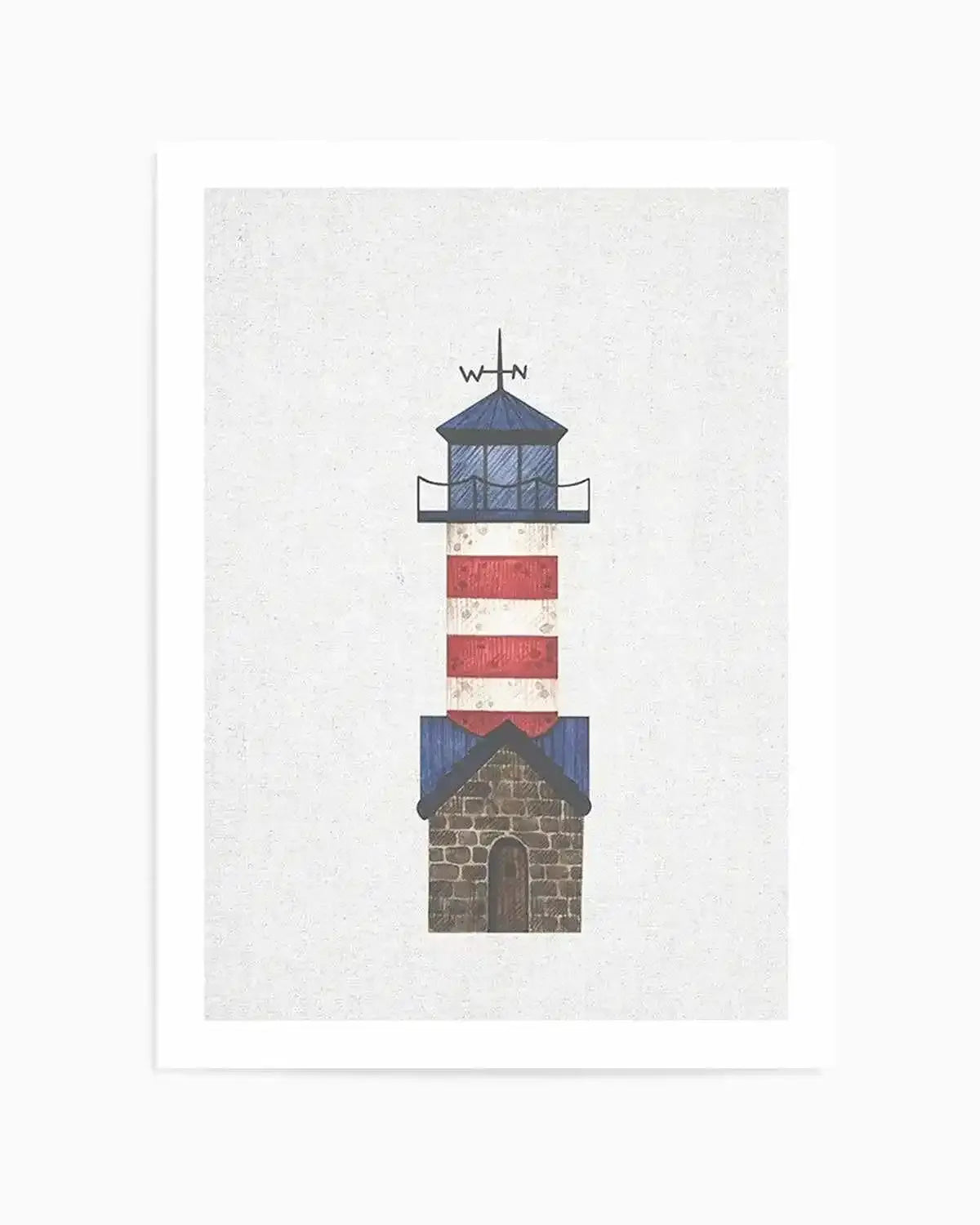Illustration art print featuring a stylized lighthouse with a stone base, red and white striped tower, and a blue top with a weather vane showing "W" and "N". The artwork has a textured, slightly distressed appearance on a white background.