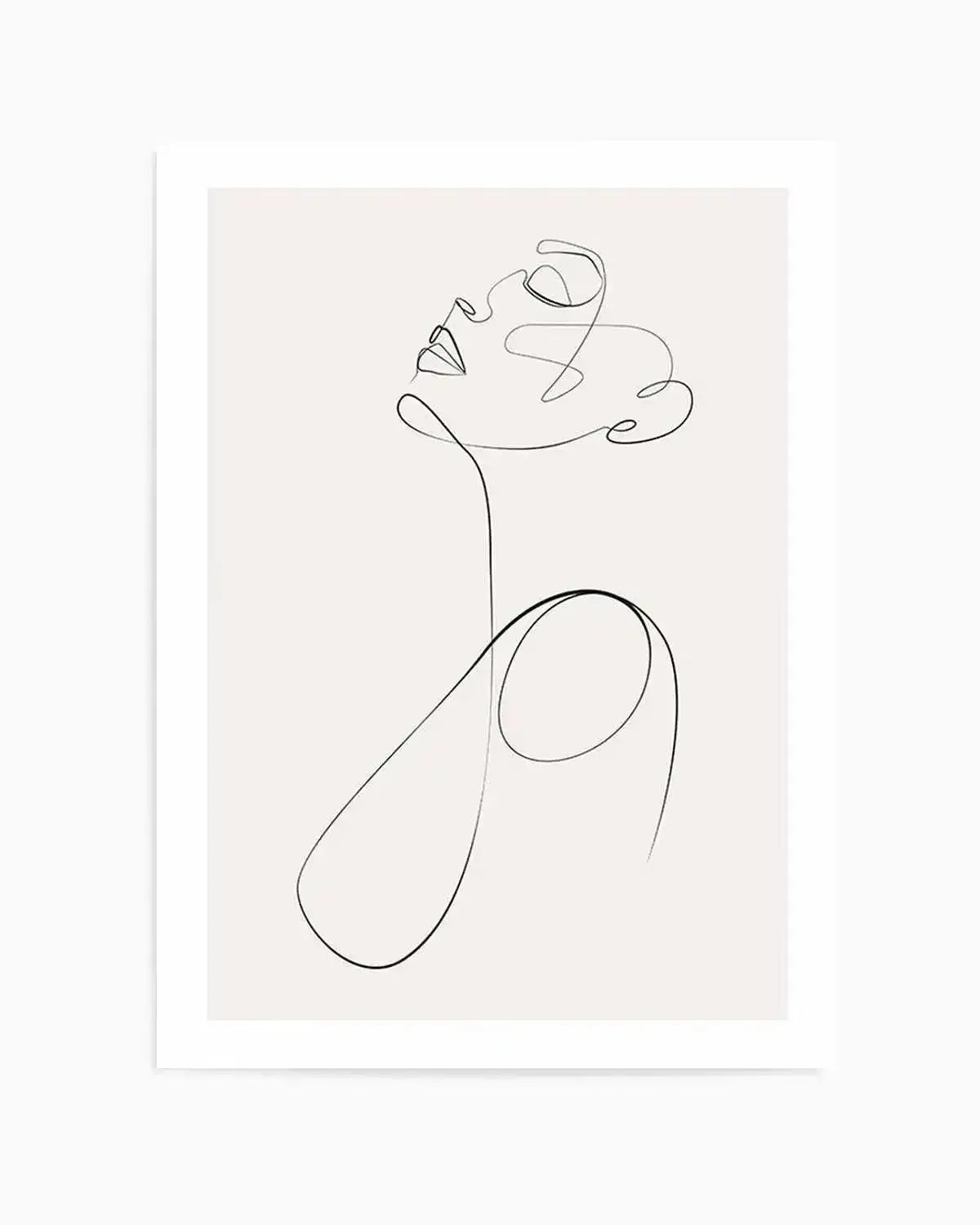 Line art print featuring a continuous black line forming the profile of a woman's face looking upwards, with a flowing, abstract shape suggesting hair or a cloud, and a graceful line extending down to outline a shoulder and collarbone, all on a light cream background.