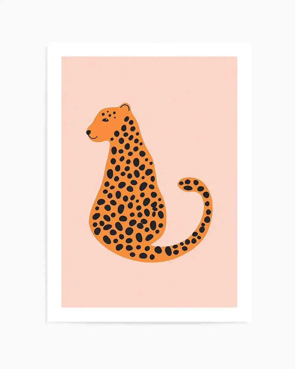 Illustration art print featuring a stylized cheetah in a seated position on a soft blush pink background. The cheetah is depicted in a warm orange hue with irregular black spots, a small smile, and a curved tail.