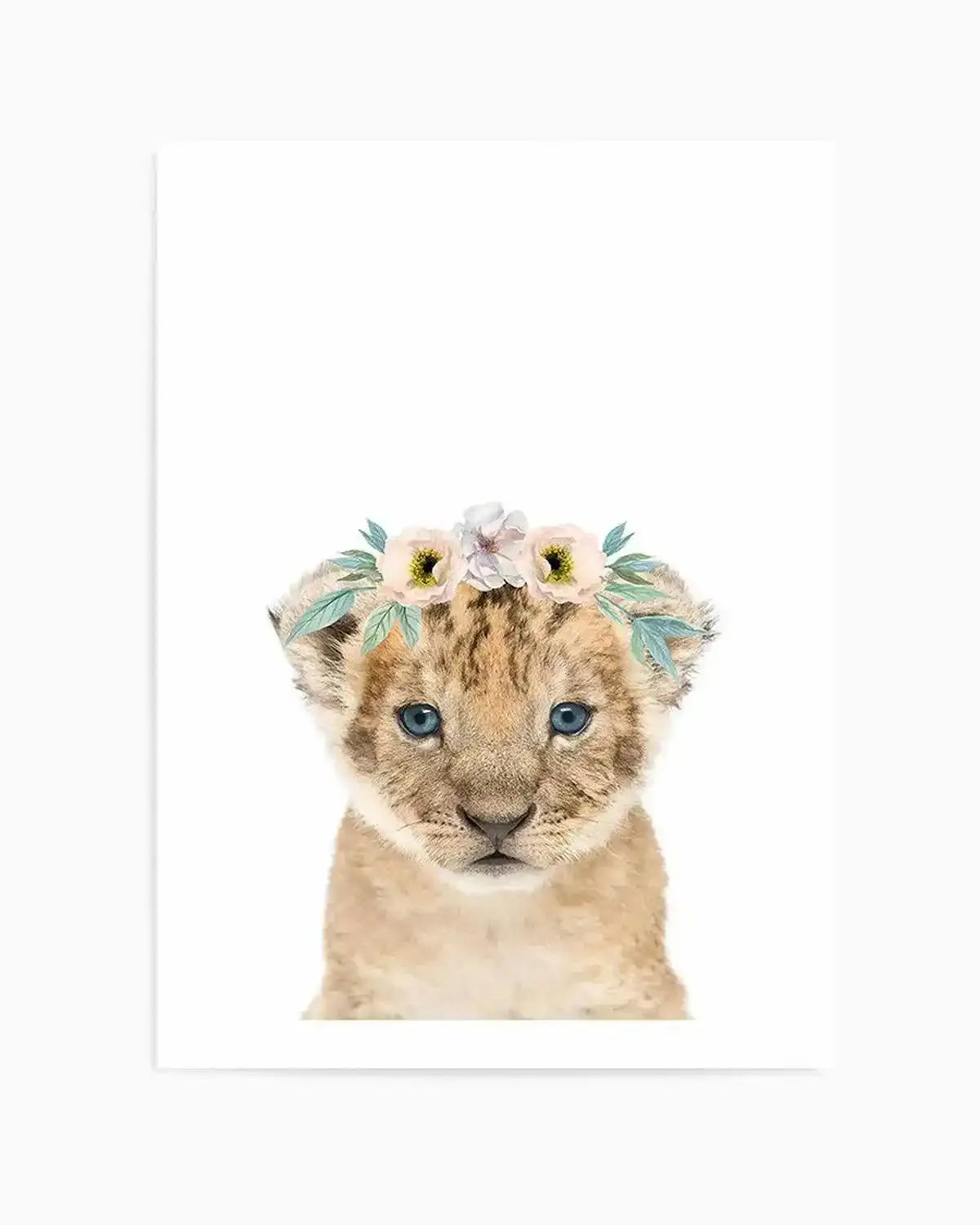 Watercolour art print featuring a cute baby lion cub with bright blue eyes and a small pink and white flower crown with green leaves on its head, set against a plain white background.