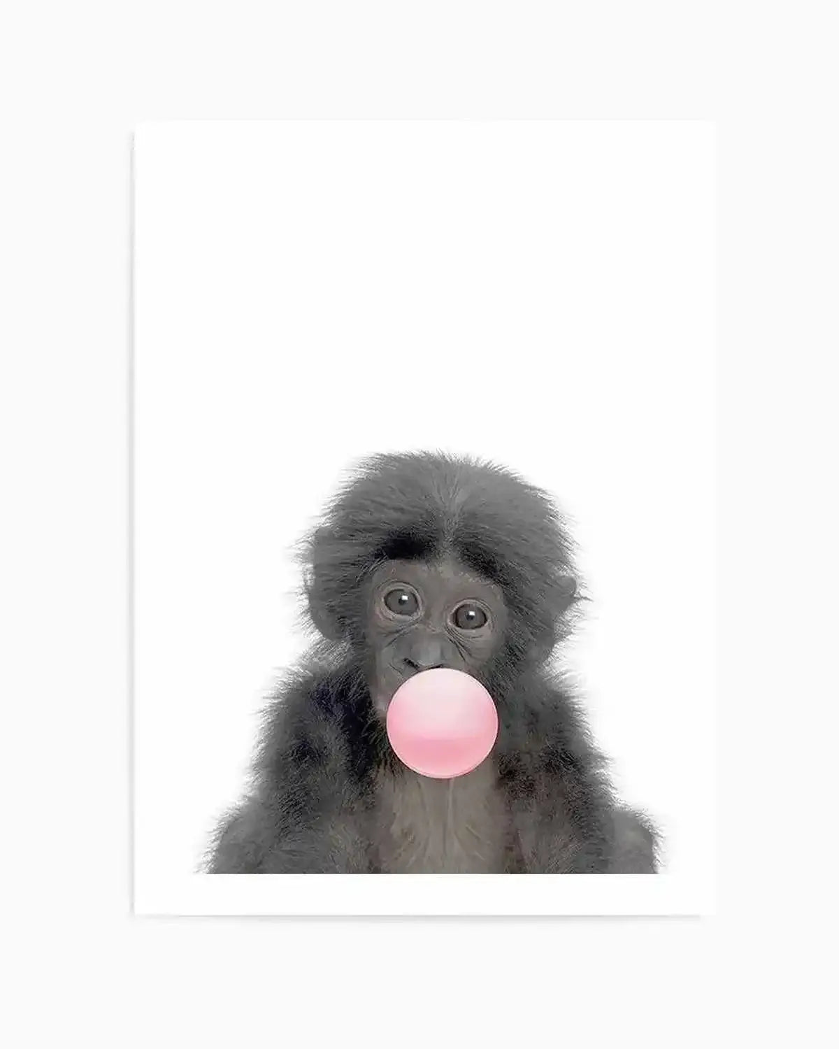 Little Monkey | Blowing Pink Bubble Art Print from Olive et Oriel where you can shop wallpaper and artworks online
