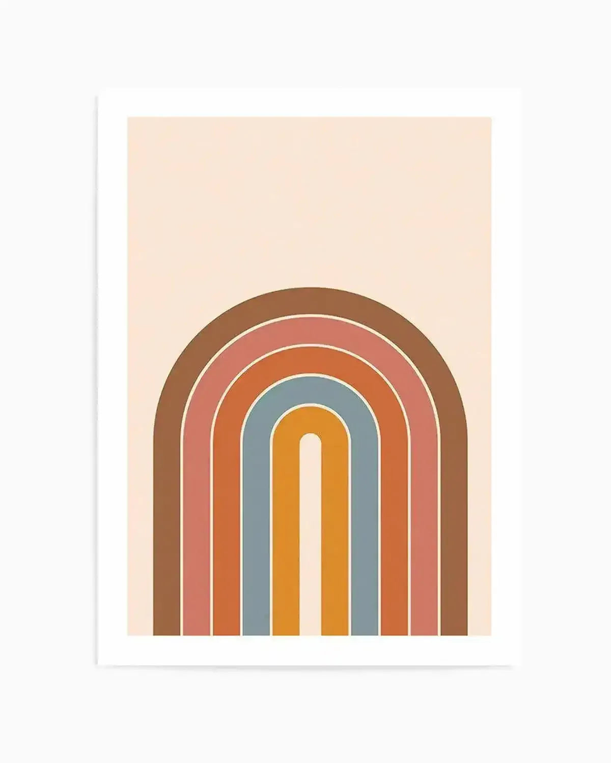 Little Retro Rainbow Art Print featuring concentric arched stripes in warm earth tones and cool jewel tones. From outermost to innermost: brown, dusty rose, burnt orange, slate blue, and golden yellow, separated by thin white lines. The design is centered on a soft cream background. Framed in white with white border.