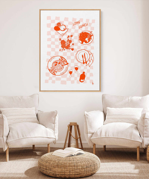 Long Lunch Fire Red Pink by Anne Korako | Framed Canvas Art Print