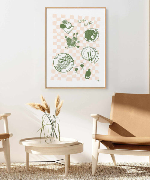 Long Lunch Forest Green Pink by Anne Korako | Framed Canvas Art Print