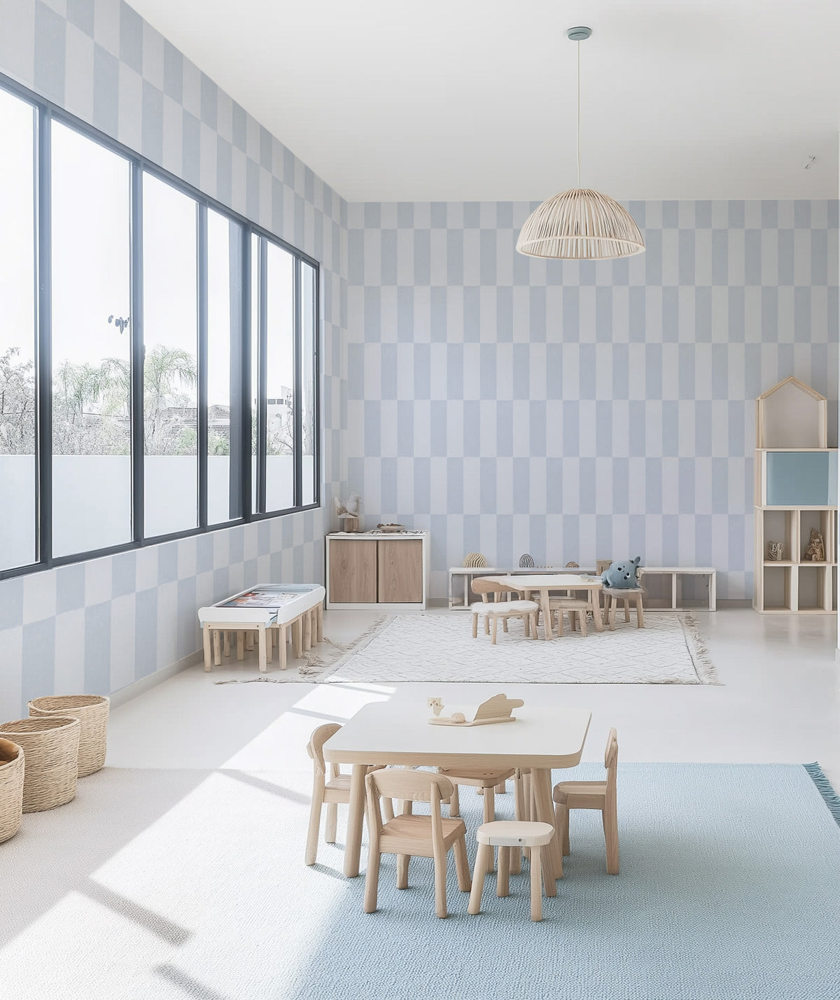 Long Check in Blue Commercial Vinyl Wallpaper from Olive et Oriel where you can shop wallpaper and artworks online