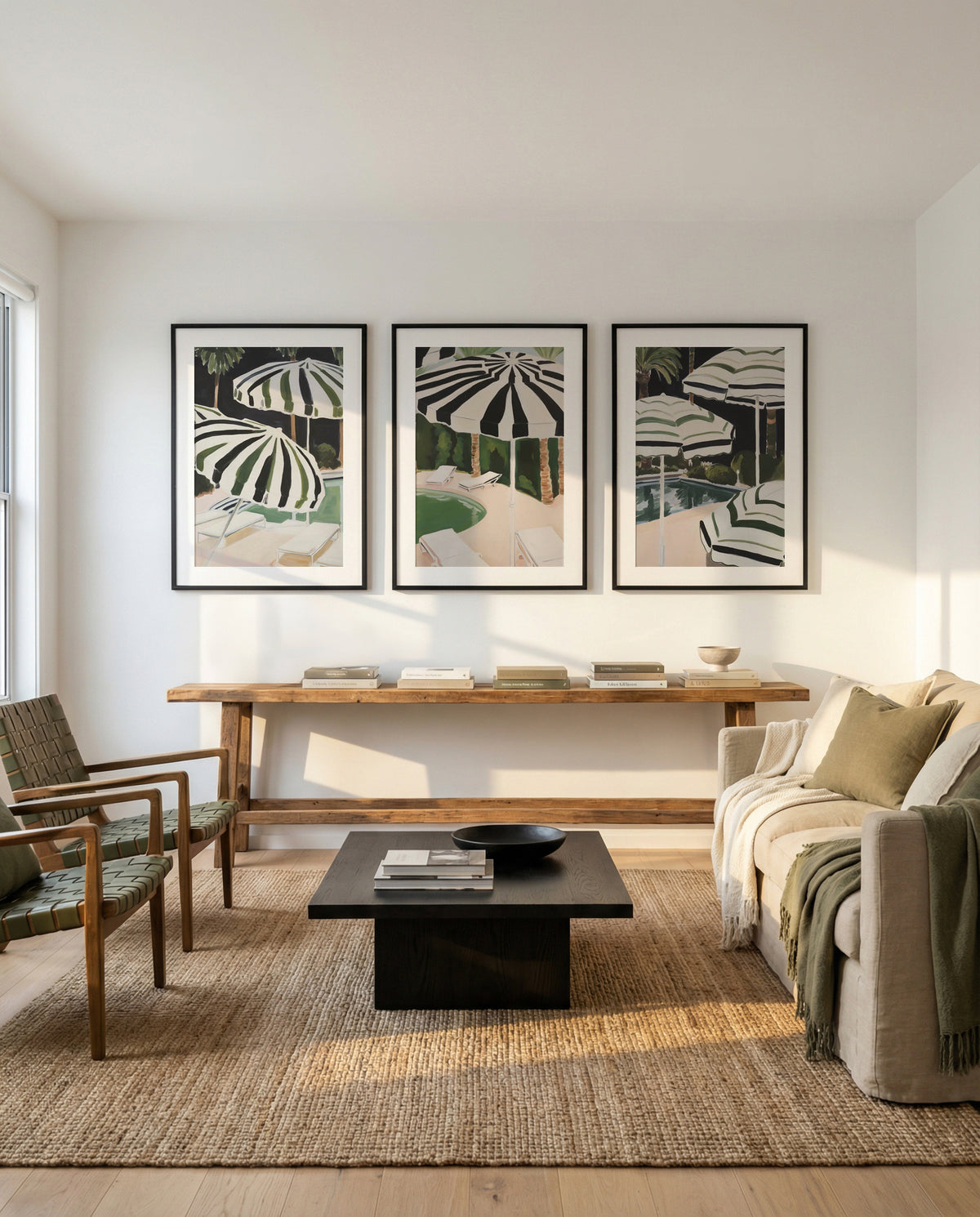 Malibu Chateau I, II & III | 3 Piece Wall Art Set in Green art print oak frame with white border