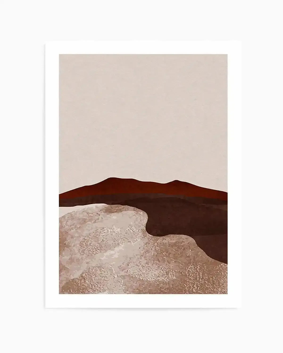 Abstract art print featuring a minimalist desert landscape with a deep reddish-brown mountain range against a pale beige sky, and a textured foreground in shades of light brown and dark brown, suggestive of sand dunes.
