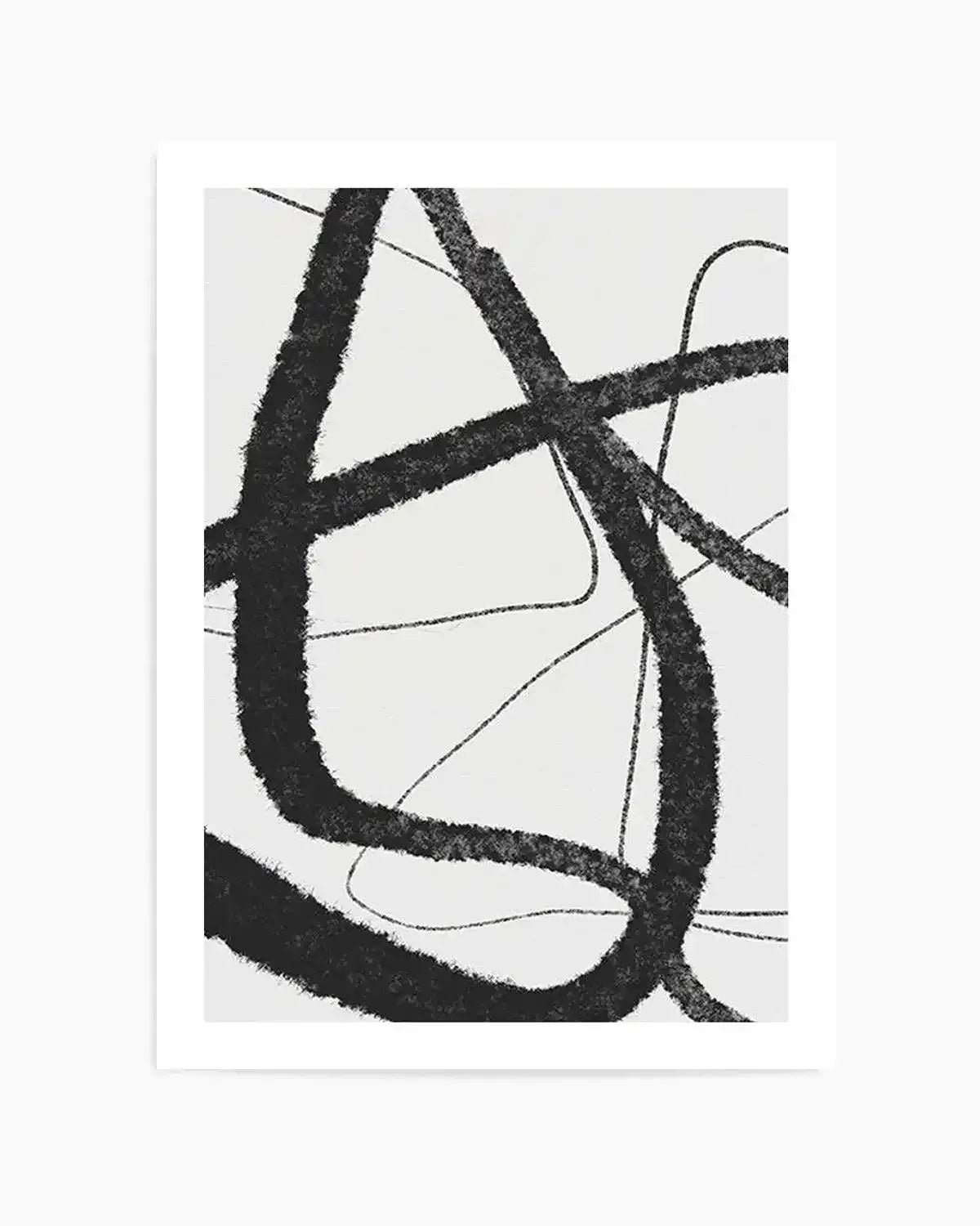 Abstract art print featuring bold, thick black brushstrokes forming intersecting lines and curves on a clean white background, creating a dynamic and energetic composition. Printed on fine art paper with a matte finish.