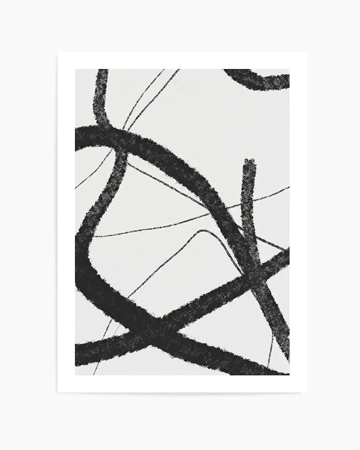 Abstract art print featuring bold, thick black lines with a textured, brushstroke quality, forming an interwoven, dynamic composition against a clean white background.
