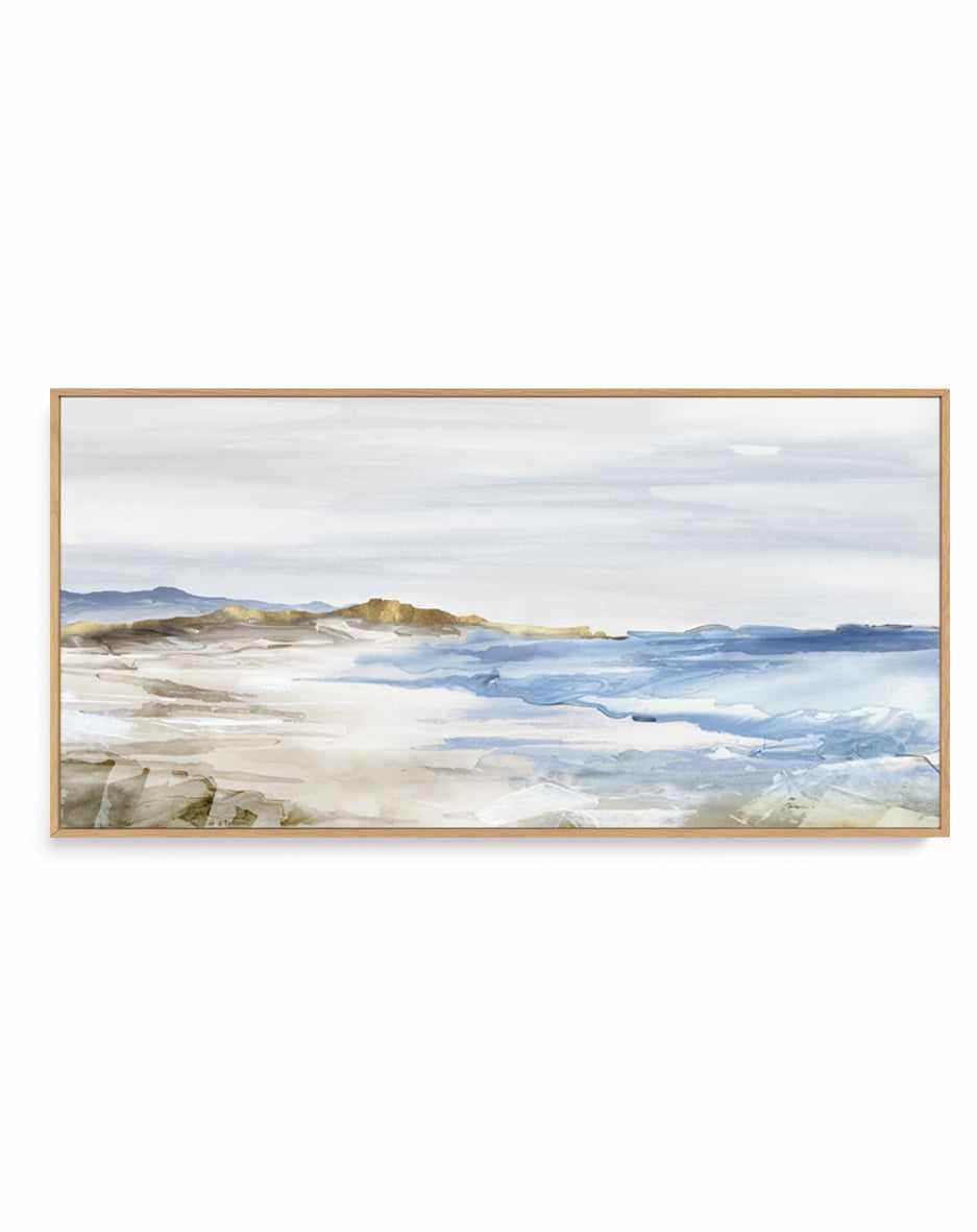 Misty Blue Beach | Panoramic Canvas Art Print from Olive et Oriel where you can shop wallpaper and artworks online