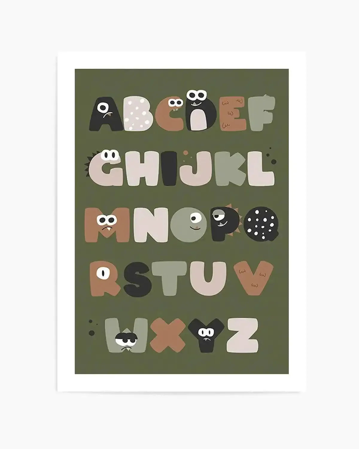 Art print featuring a playful monster alphabet on a khaki green background. Each uppercase letter is a different monster or creature, rendered in muted tones of cream, light pink, dark brown, and olive green. The letters have distinct facial expressions, eyes, and textures, such as polka dots, stripes, and small horns.