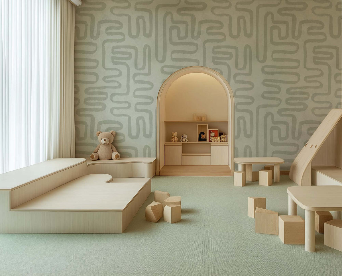 Painted Sage Abstract Lines in Green Commercial Vinyl Wallpaper from Olive et Oriel where you can shop wallpaper and artworks online