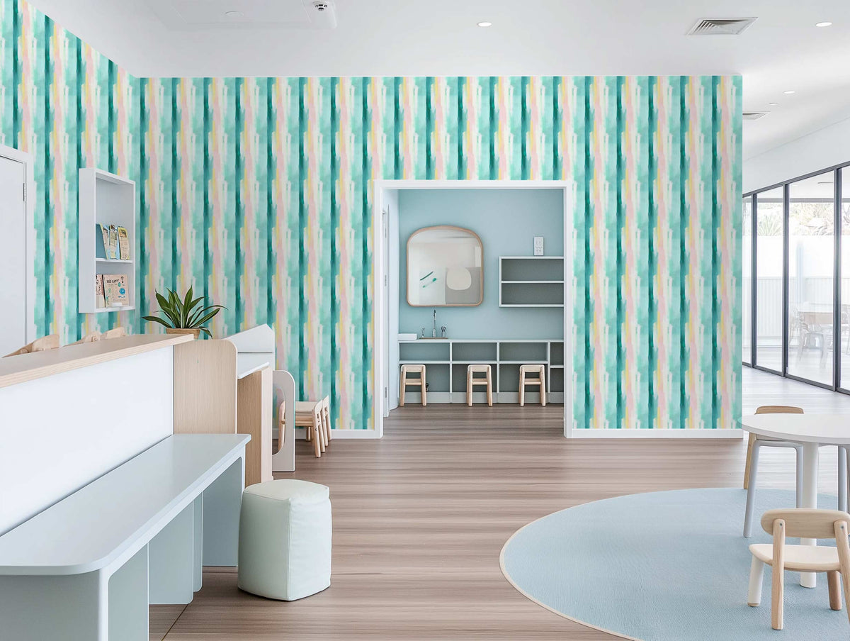 Painted Stripes in Green & Pink Commercial Vinyl Wallpaper from Olive et Oriel where you can shop wallpaper and artworks online