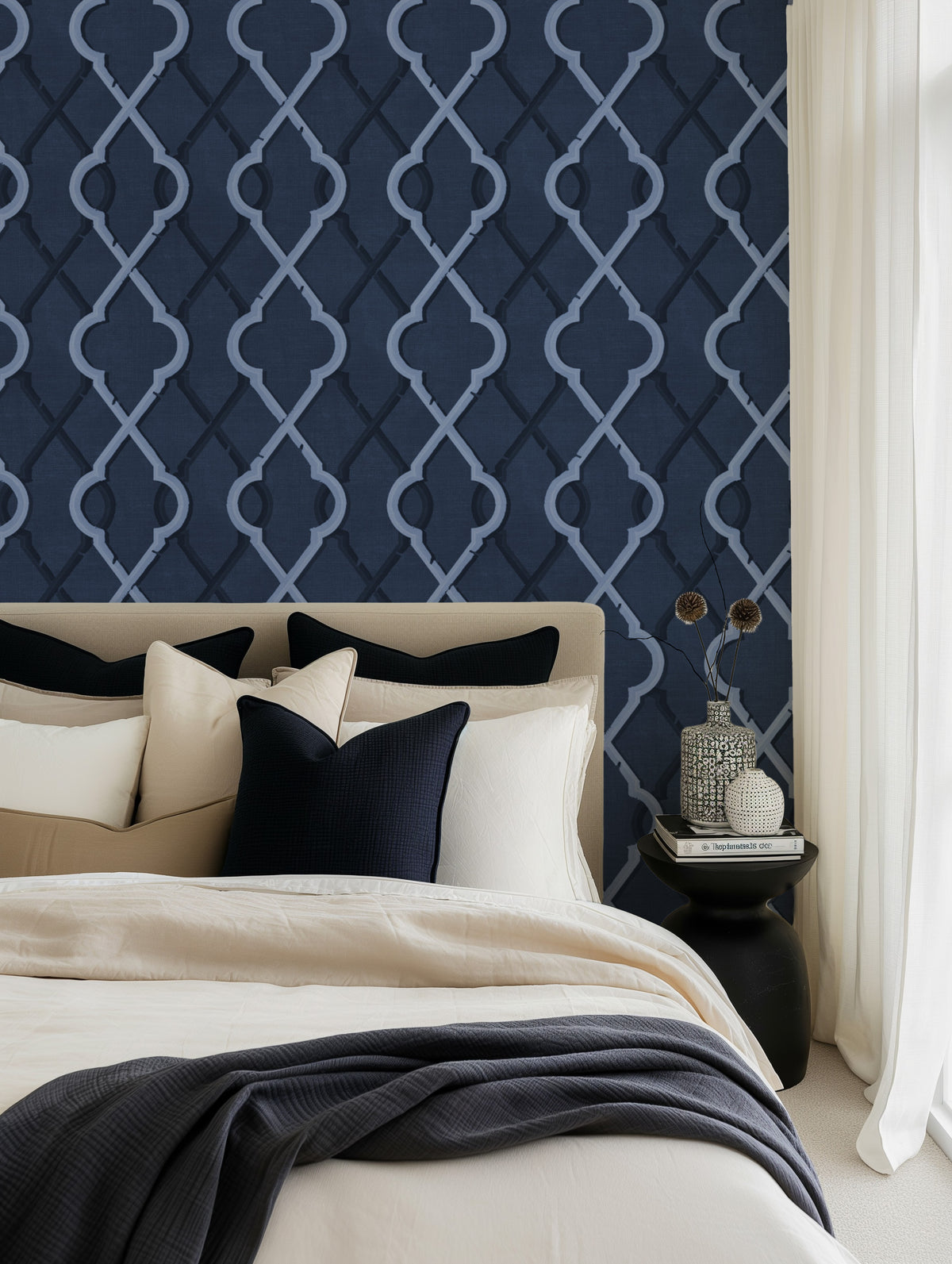 Painted Lattice in Navy Blue Wallpaper from Olive et Oriel where you can shop wallpaper and artworks online
