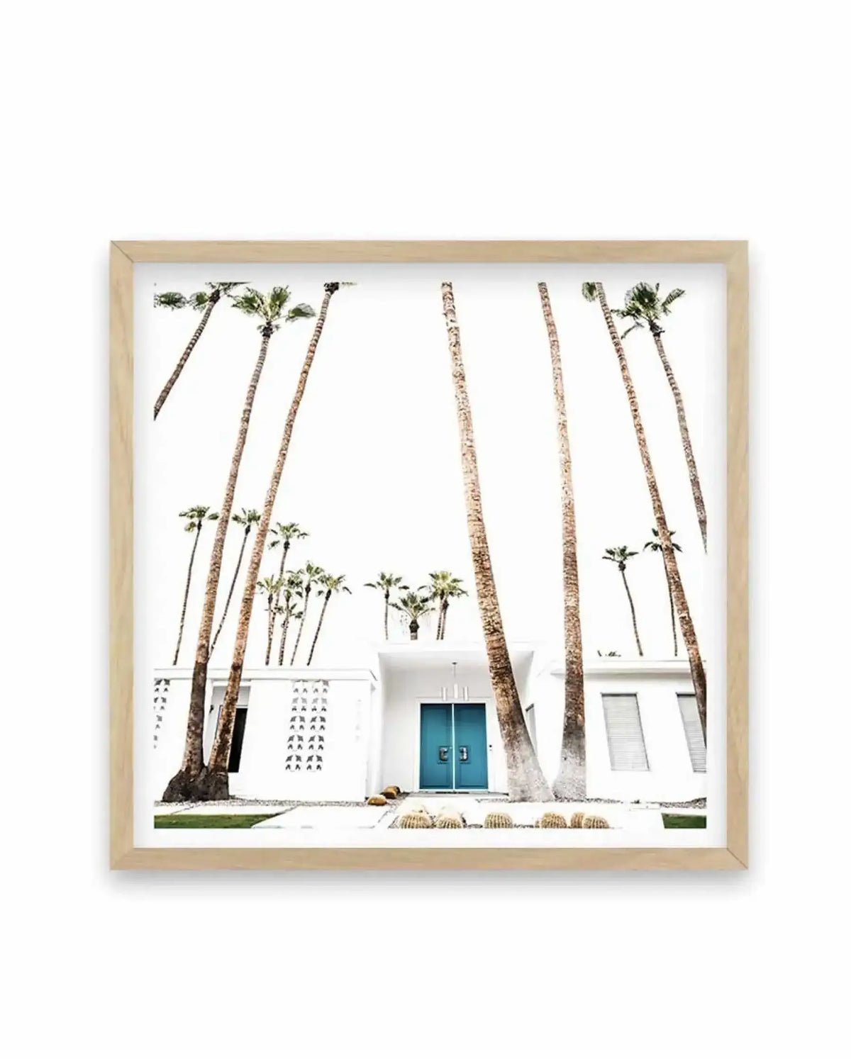 Framed photograph featuring tall palm trees with textured trunks flanking a modern white building with a teal-blue double door entrance. Desert landscaping with small cacti visible in foreground. Clear sky background. Natural wood frame with white border. Minimalist mid-century modern architectural style in neutral and cool tones.