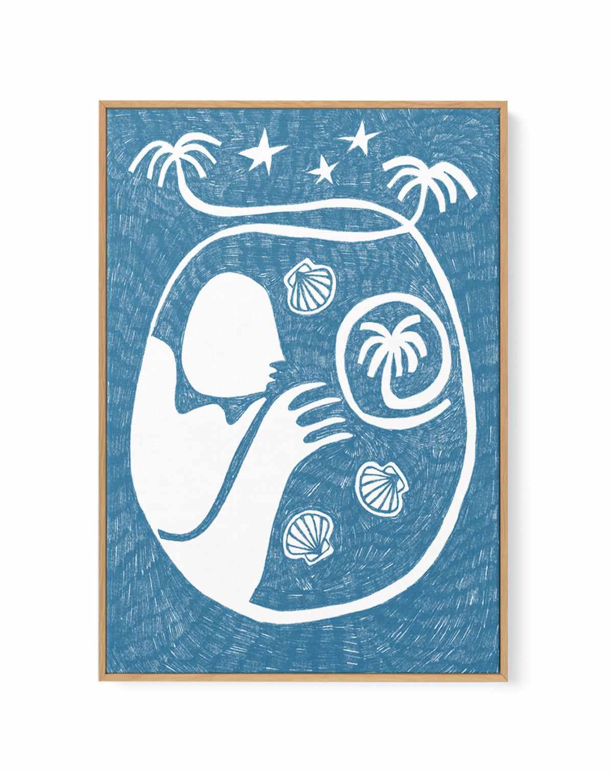 Palm Tree Island 2 Baby Blue by Shatha Al Dafai | Framed Canvas Art Print from Olive et Oriel where you can shop wallpaper and artworks online