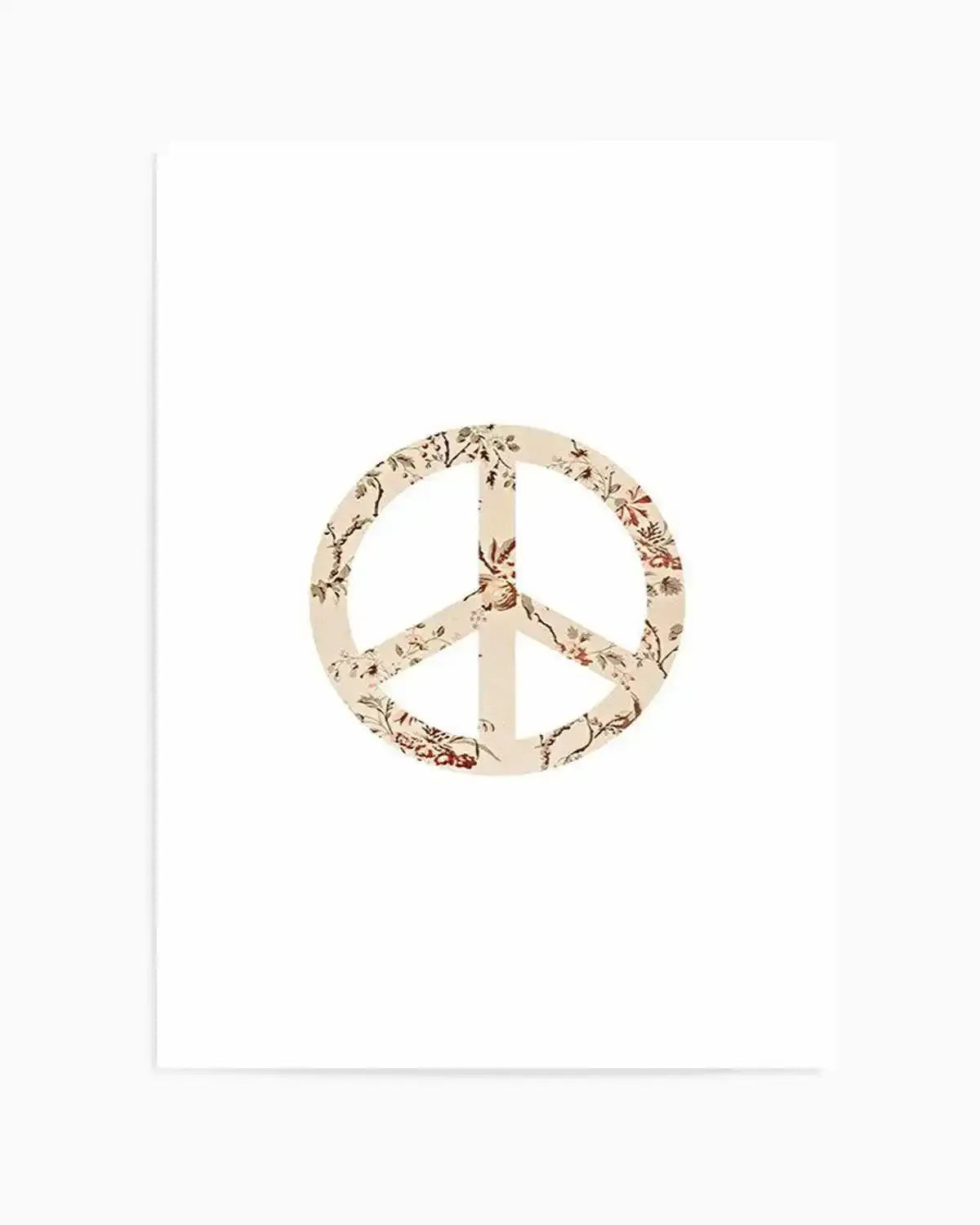 Art print featuring a peace sign symbol with a vintage floral pattern on a cream background. The pattern includes delicate branches with small leaves and berries in muted tones of brown, red, and green, giving it a subtle, aged appearance.