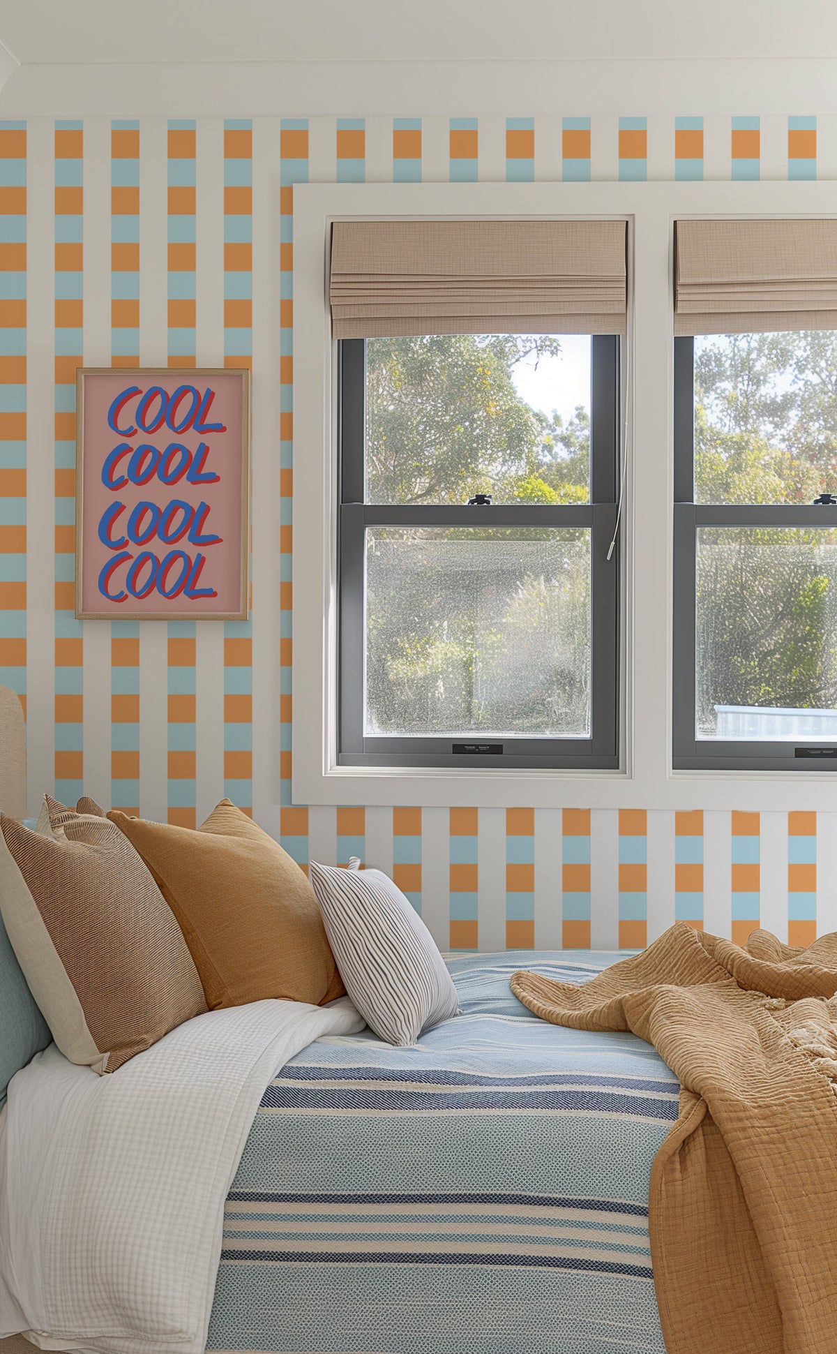 Preppy Checks in Blue & Orange By the Roll Wallpaper from Olive et Oriel where you can shop wallpaper and artworks online