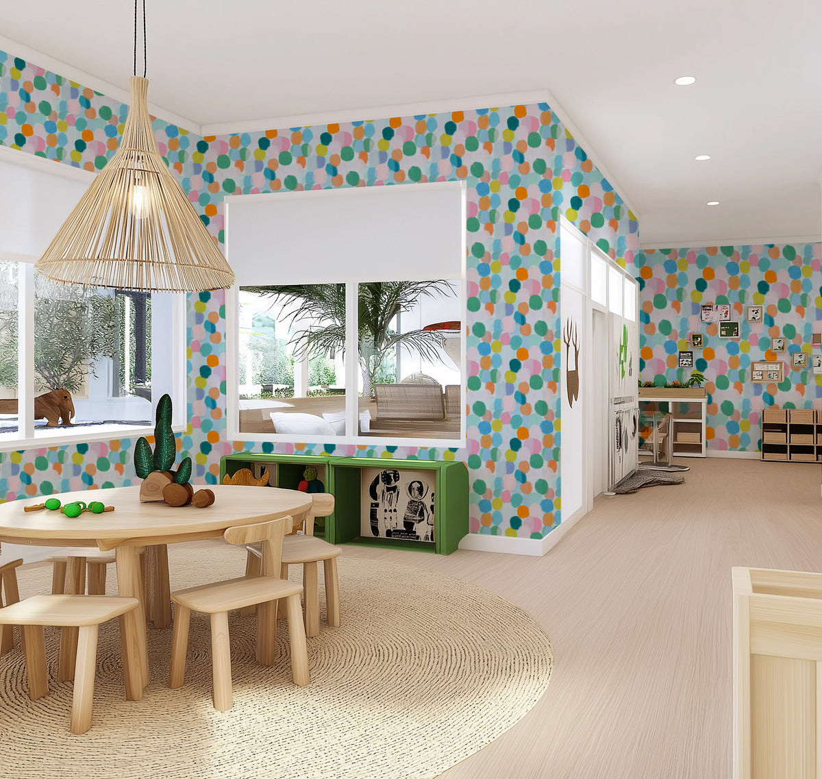 Rainbow Dots in Blue & Green Commercial Vinyl Wallpaper from Olive et Oriel where you can shop wallpaper and artworks online