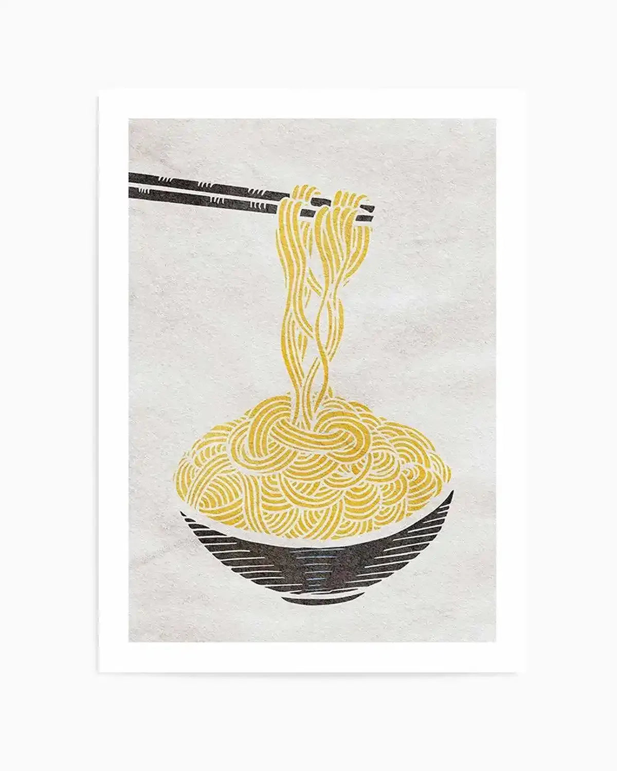 Art print featuring a stylized illustration of ramen noodles in a bowl, with black chopsticks lifting a tangle of golden yellow noodles from a full bowl of similarly coloured noodles. The background is a textured, light grey, resembling rough paper or stone. The artwork has a linocut or woodcut quality with bold lines and a two-tone colour scheme of black and golden yellow.