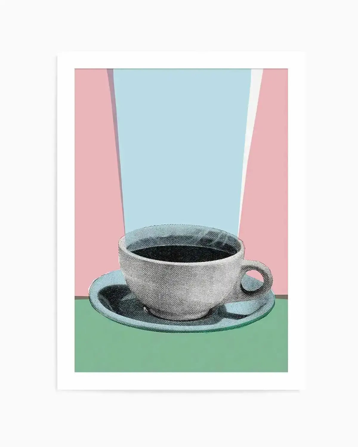 Retro art print featuring a stylized coffee cup and saucer in muted grey and pale blue, with a dark coffee liquid and subtle steam lines. The background is divided into three vertical sections: a pale pink on the left and right, framing a wider pale blue section in the center. The coffee cup sits on a flat, muted sage green surface. The illustration has a textured, almost halftone-like quality.