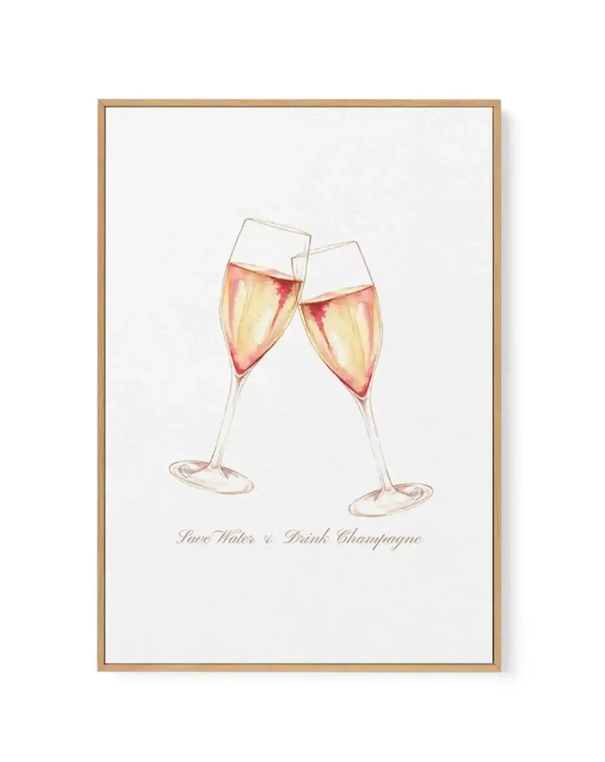 Framed canvas art print featuring two champagne flutes clinking together, filled with pale golden champagne with coral-pink accents. Delicate watercolor-style illustration in soft peachy and cream tones against a white background. Cursive text reads "Save Water & Drink Champagne" below the glasses. Natural wood frame with thin border and white edge. Vertical rectangular composition.