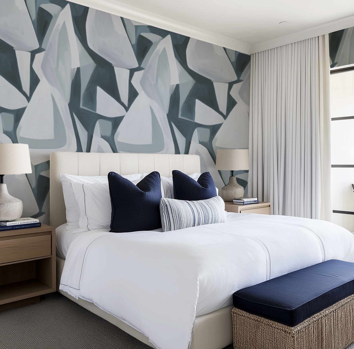 Savoir Abstract in Navy Blue Commercial Vinyl Wallpaper from Olive et Oriel where you can shop wallpaper and artworks online